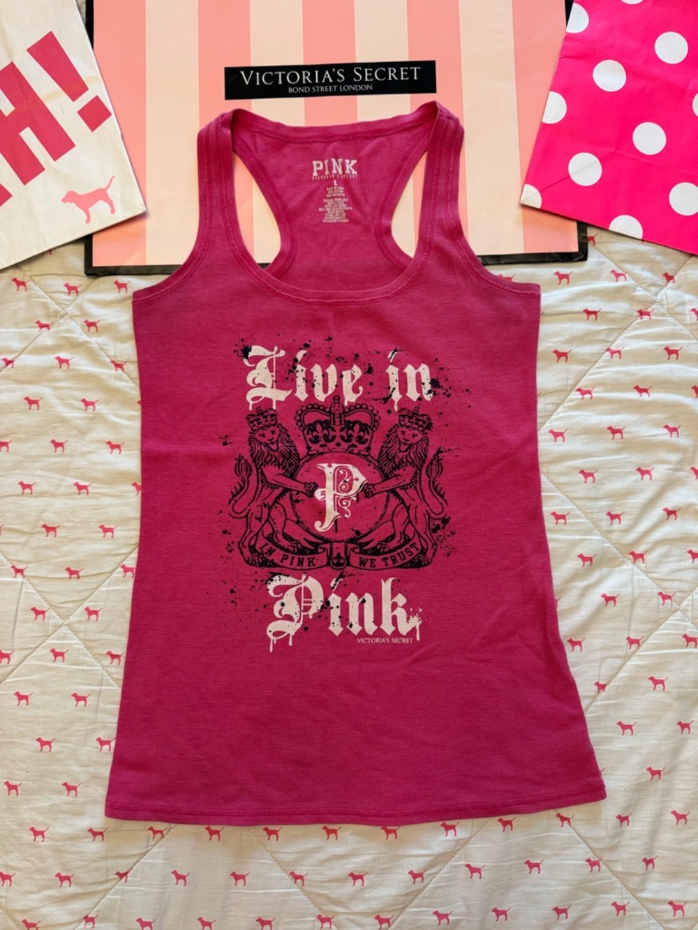 VS PINK VINTAGE Y2K TANK TOP LIVE IN PINK ROCK N ROLL ROCK ROYALTY RARE HTF LG